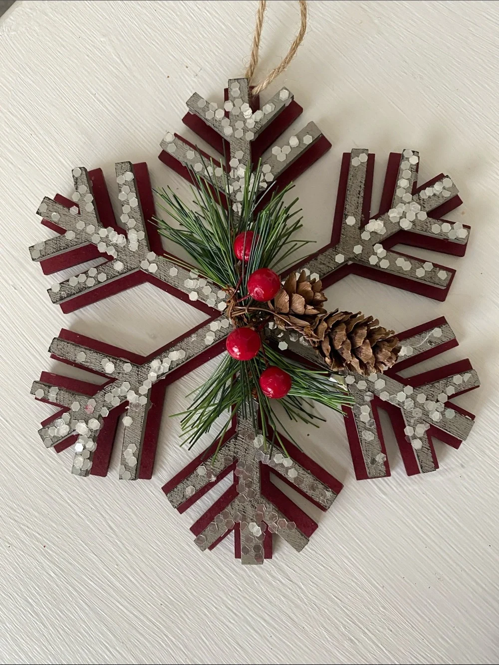 Farmhouse Rustic Christmas Ornaments Snowflake Red Metal Star & Burlap Snowman